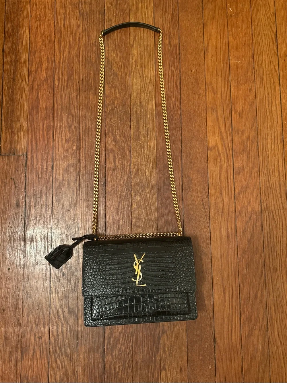 Saint Laurent Black Croc-Embossed YSL Monogram Chain Crossbody